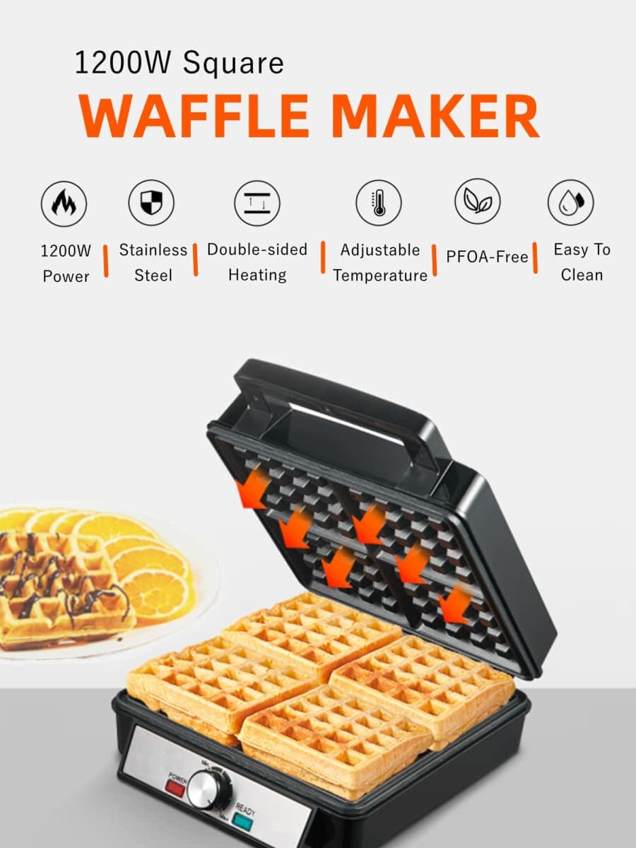 FOHERE 4-plate waffle iron 1200W, non-stick coating, burnishing regulator, stainless steel thumbnail 2