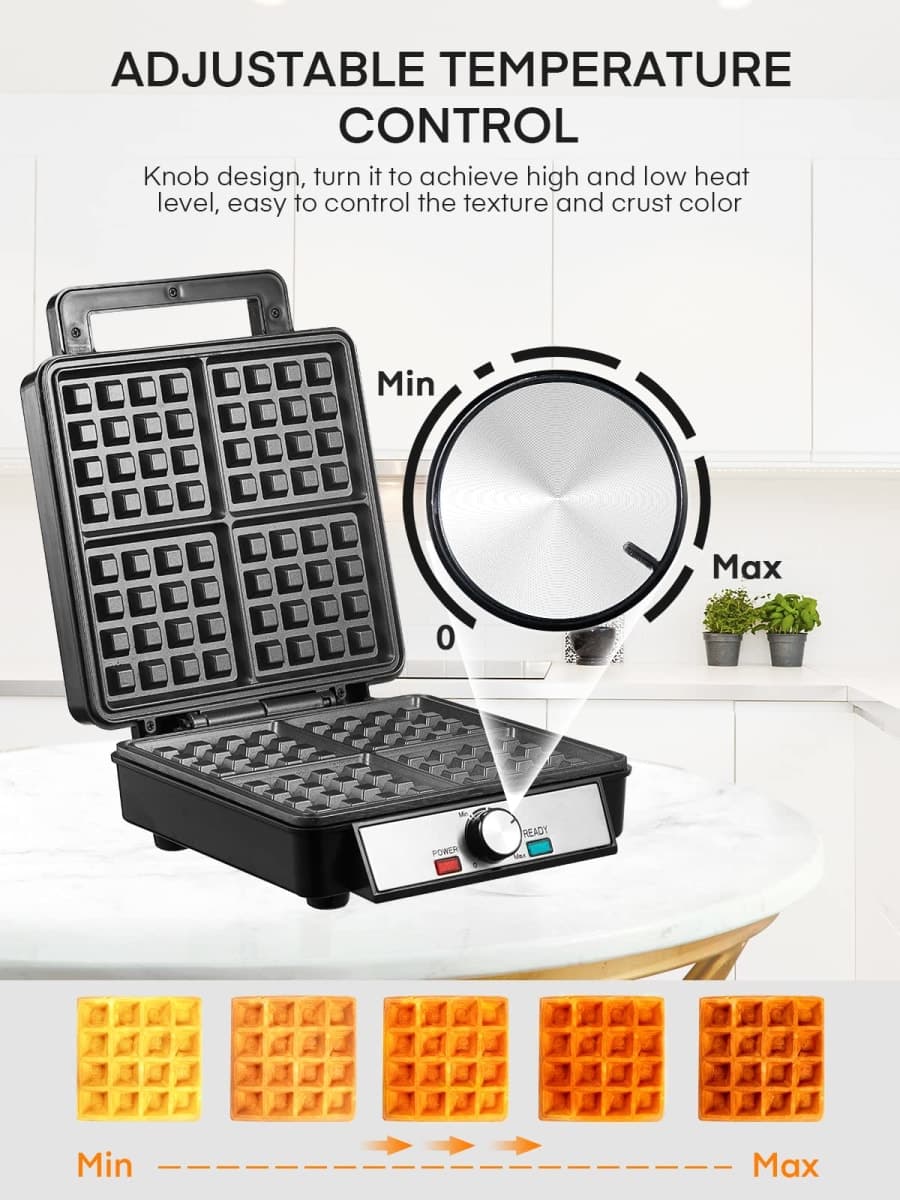 FOHERE 4-plate waffle iron 1200W, non-stick coating, burnishing regulator, stainless steel thumbnail 3