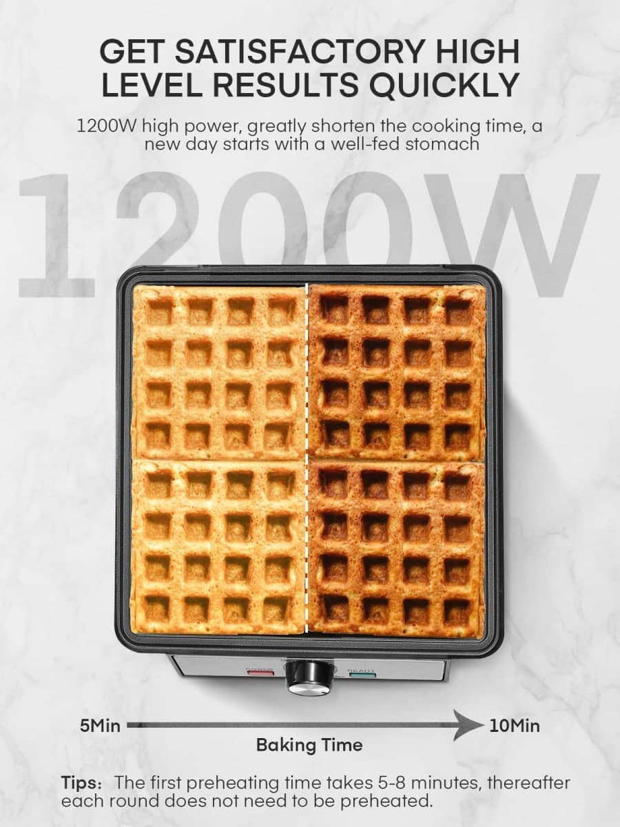 FOHERE 4-plate waffle iron 1200W, non-stick coating, burnishing regulator, stainless steel thumbnail 4