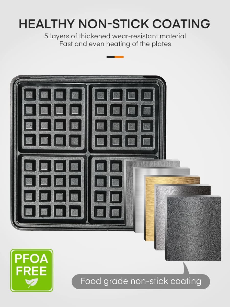 FOHERE 4-plate waffle iron 1200W, non-stick coating, burnishing regulator, stainless steel thumbnail 5