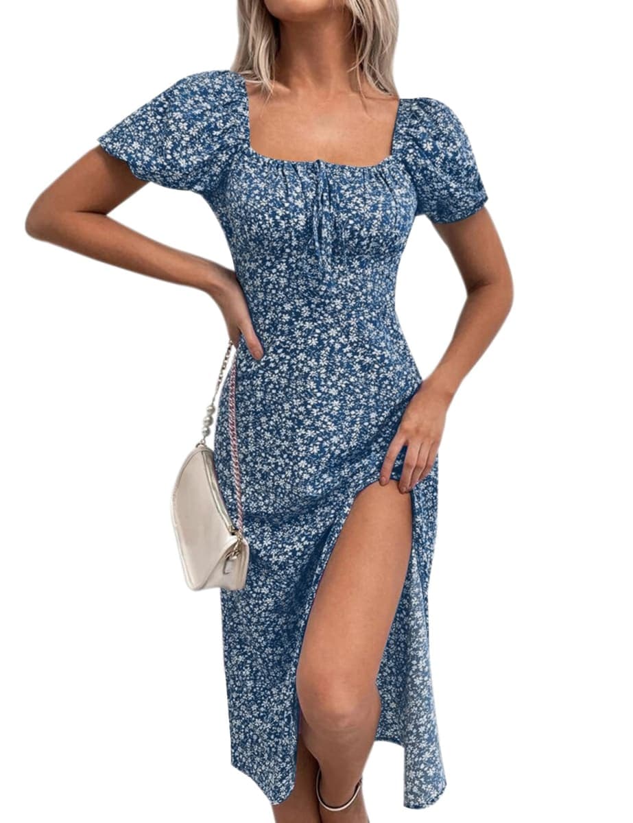 SPRIME Women's Floral Summer Casual Dress Square Neck Puff Sleeve Boho Midi Dresses Ruched Bust High Waist Split Long Dress, Dark Blue - Floral, X-Large thumbnail 2