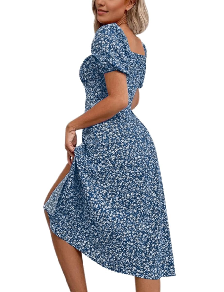 SPRIME Women's Floral Summer Casual Dress Square Neck Puff Sleeve Boho Midi Dresses Ruched Bust High Waist Split Long Dress, Dark Blue - Floral, X-Large thumbnail 5