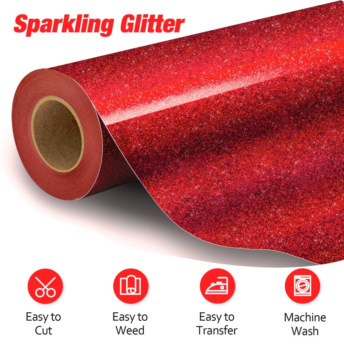 VinylRus Red Glitter HTV Heat Transfer Vinyl Roll-12" x 10ft Red Glitter HTV Vinyl for T-Shirt Clothing Bags,Glitter Iron on Vinyl for All Cutter Machine - Easy to Cut and Weed thumbnail 2