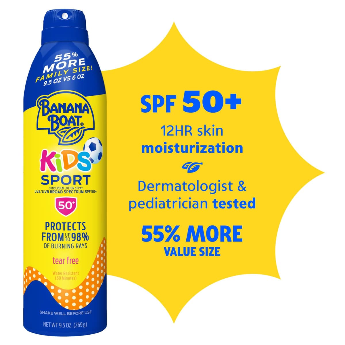 Banana Boat Kids Sport Sunscreen Spray SPF 50, 9.5oz, Childrens Sunscreen, Spray On Sunscreen SPF 50, Family Size Sunscreen, 9.5oz thumbnail 2