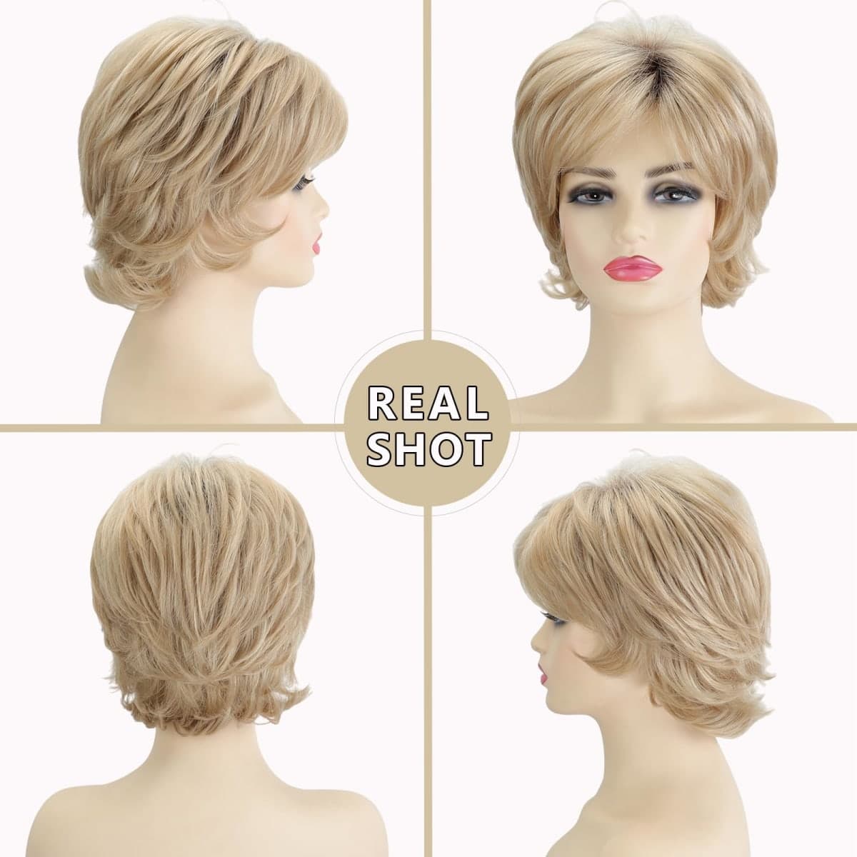 TISHINING Pixie Cut Short Ombre Blonde Curly Wigs for White Women Fluffy Layered Mixed Blonde Wig with Bangs Natural Looking Synthetic Daily Party Wig thumbnail 2
