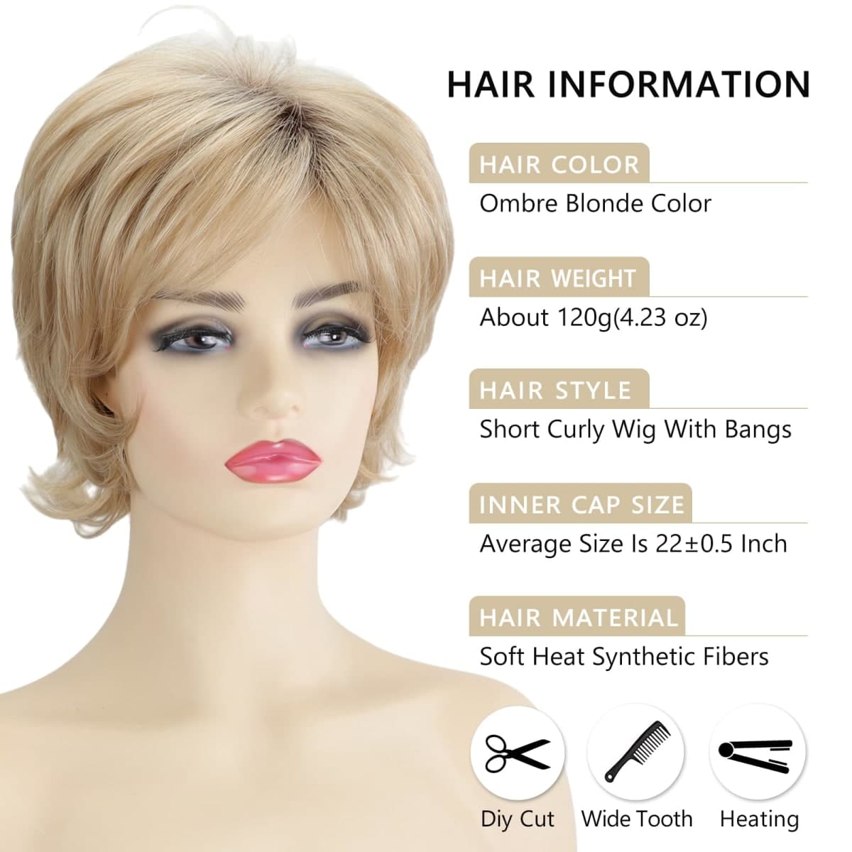 TISHINING Pixie Cut Short Ombre Blonde Curly Wigs for White Women Fluffy Layered Mixed Blonde Wig with Bangs Natural Looking Synthetic Daily Party Wig thumbnail 3