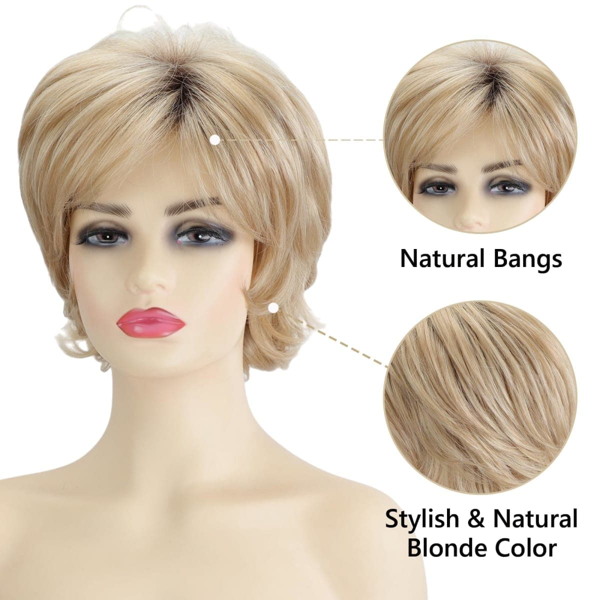 TISHINING Pixie Cut Short Ombre Blonde Curly Wigs for White Women Fluffy Layered Mixed Blonde Wig with Bangs Natural Looking Synthetic Daily Party Wig thumbnail 4