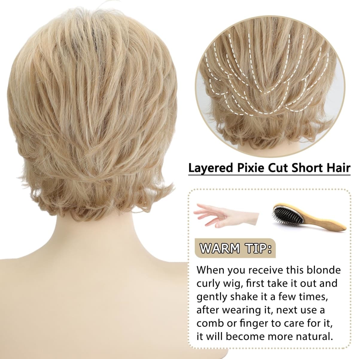 TISHINING Pixie Cut Short Ombre Blonde Curly Wigs for White Women Fluffy Layered Mixed Blonde Wig with Bangs Natural Looking Synthetic Daily Party Wig thumbnail 5