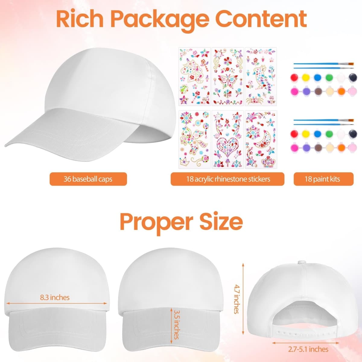 Aneco 48 Pcs DIY Baseball Caps Hats, Adjustable Sport Ball Cap, White Painting Baseball Caps with Acrylic Paint Kits Stickers for Outdoor Sports Painting Art Craft thumbnail 2