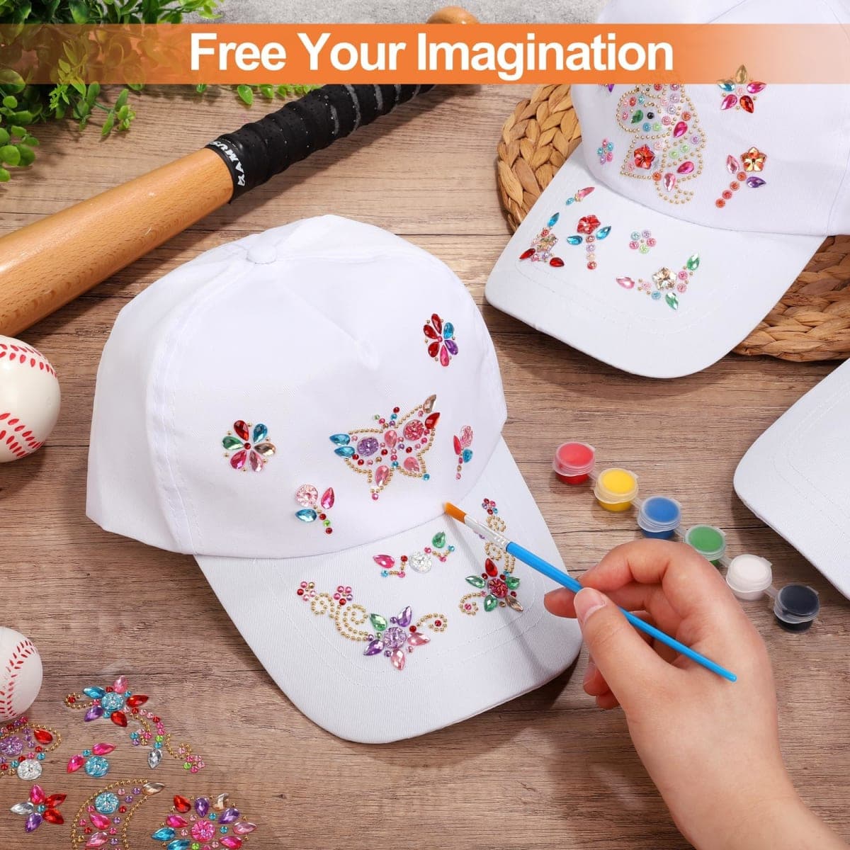 Aneco 48 Pcs DIY Baseball Caps Hats, Adjustable Sport Ball Cap, White Painting Baseball Caps with Acrylic Paint Kits Stickers for Outdoor Sports Painting Art Craft thumbnail 4