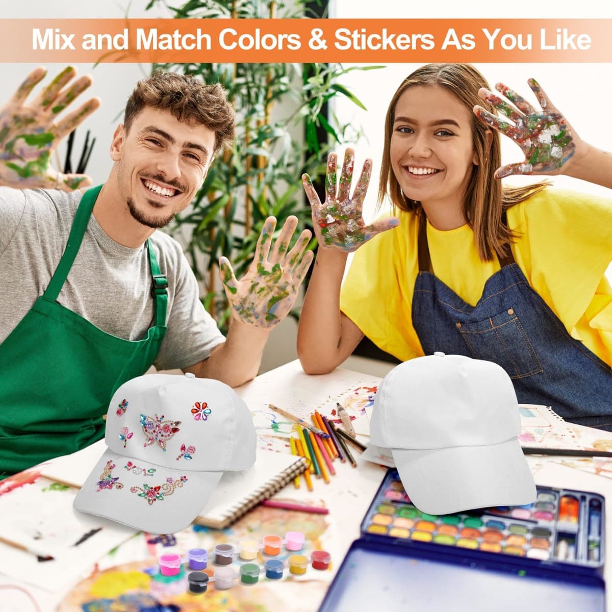 Aneco 48 Pcs DIY Baseball Caps Hats, Adjustable Sport Ball Cap, White Painting Baseball Caps with Acrylic Paint Kits Stickers for Outdoor Sports Painting Art Craft thumbnail 5