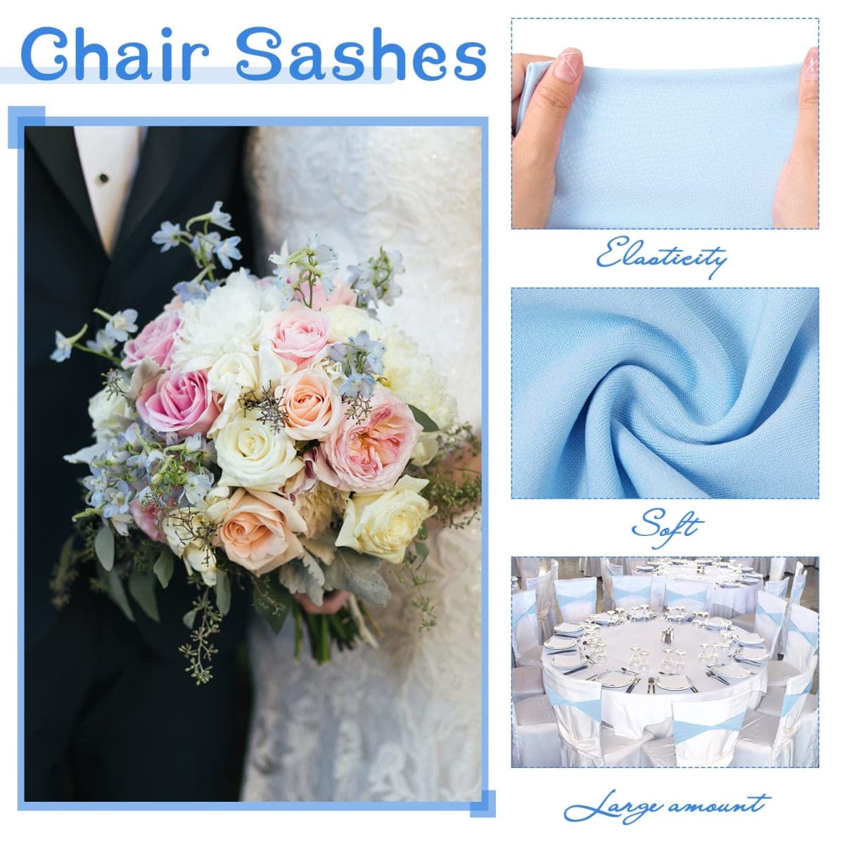 Breling 50 Pcs Spandex Chair Sashes Without Buckle Baby Shower Plain Bow Light Sash Stretch Bow Chair Elastic Bands Ties for Wedding Banquet Hotel Party Events Decoration(Blue) thumbnail 3