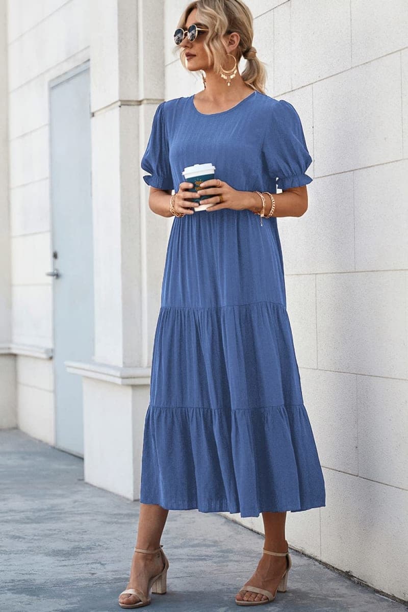 PRETTYGARDEN Women's Summer Casual Boho Dress Floral Print Ruffle Puff Sleeve High Waist Midi Beach Dresses (Solid Blue,Large) thumbnail 2