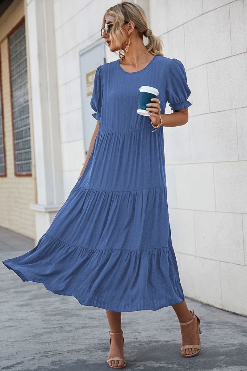 PRETTYGARDEN Women's Summer Casual Boho Dress Floral Print Ruffle Puff Sleeve High Waist Midi Beach Dresses (Solid Blue,Large) thumbnail 3