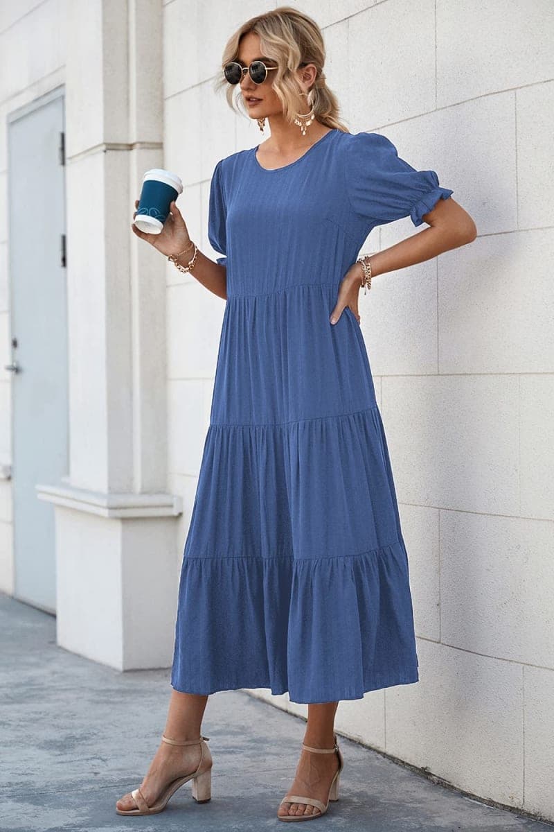 PRETTYGARDEN Women's Summer Casual Boho Dress Floral Print Ruffle Puff Sleeve High Waist Midi Beach Dresses (Solid Blue,Large) thumbnail 4