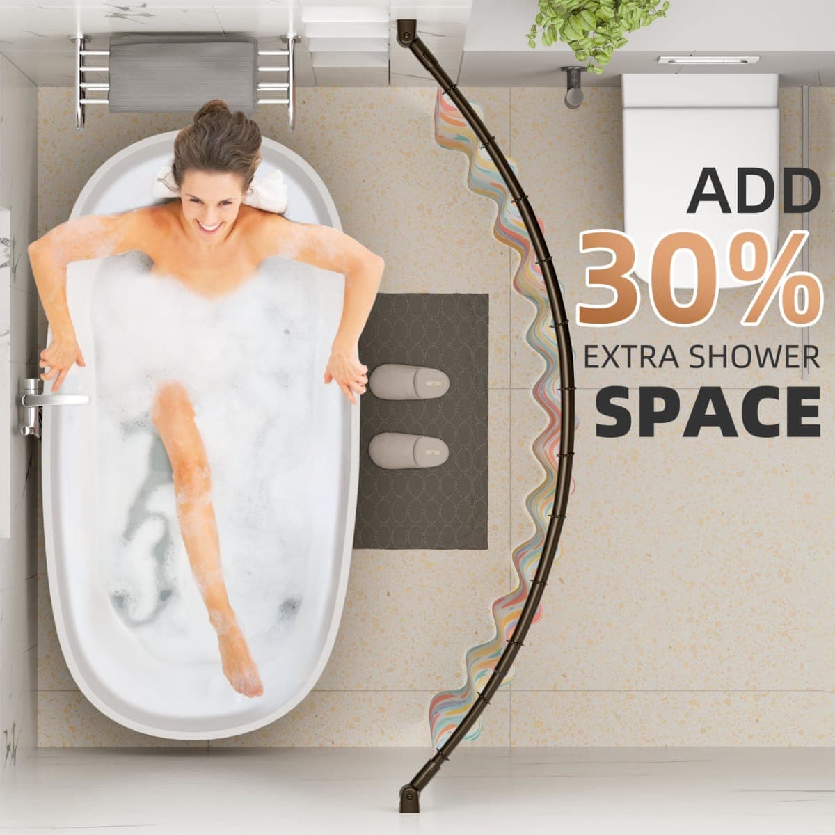 Curved Shower Curtain Rod, 33-76 Inches Adjustable, Stainless Steel, Rust-Proof, Round Curved Rod for Bathroom, Stall, Bathtub, Need to Drill, Bronze thumbnail 2