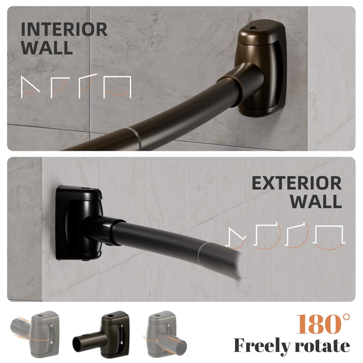 Curved Shower Curtain Rod, 33-76 Inches Adjustable, Stainless Steel, Rust-Proof, Round Curved Rod for Bathroom, Stall, Bathtub, Need to Drill, Bronze thumbnail 5