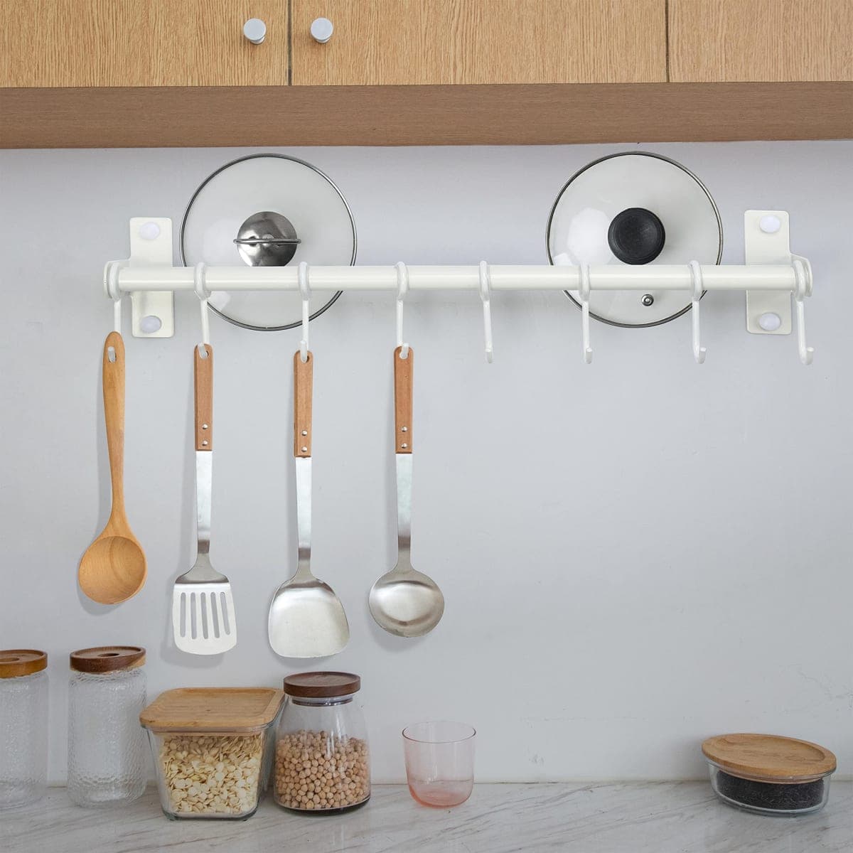 Dseap Pot Rack - Pots and Pans Hanging Rack Rail with 8 Hooks, Double Bars, Pot Hangers for Kitchen, Wall Mounted, White, 2 Packs thumbnail 3