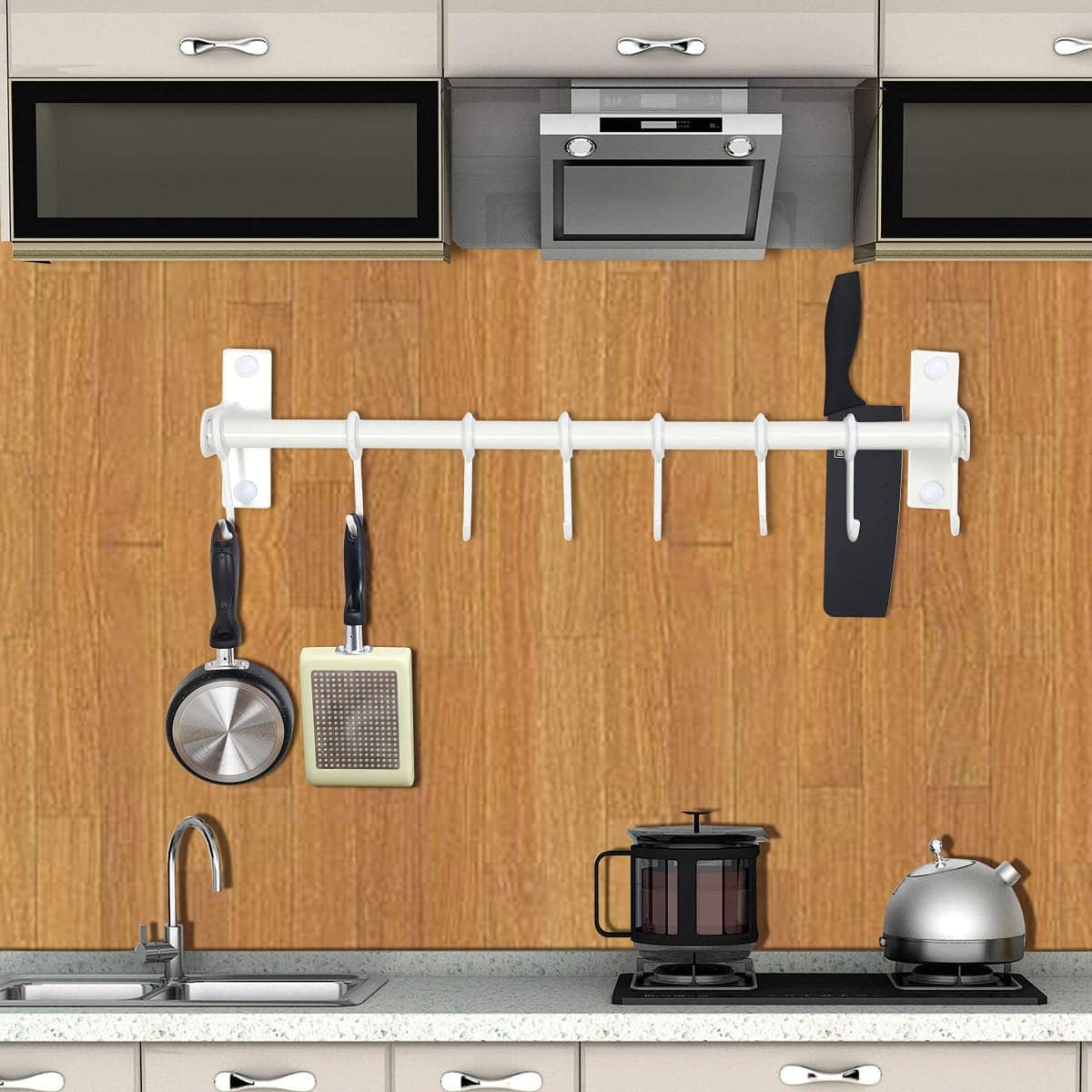 Dseap Pot Rack - Pots and Pans Hanging Rack Rail with 8 Hooks, Double Bars, Pot Hangers for Kitchen, Wall Mounted, White, 2 Packs thumbnail 4