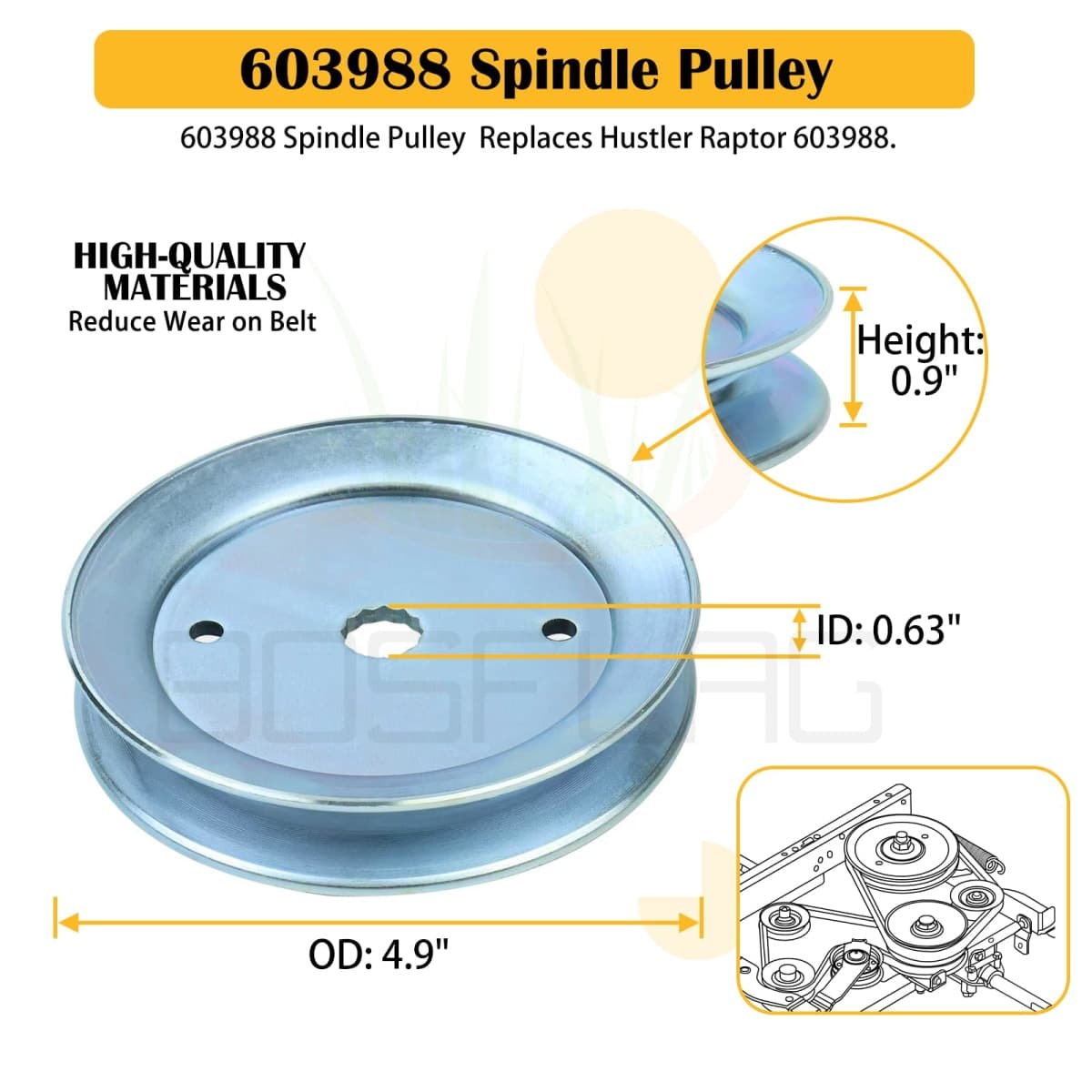 BOSFLAG 3 Pack 604214 Spindle Assembly with 603988 Pulley 791988 Belt Replaces Hustler 604214 Spindle for Hustler Mower, Hustler Raptor 52 inch Spindles, 52 Hustler Raptor Spindle, Hustler 52 Spindle thumbnail 3