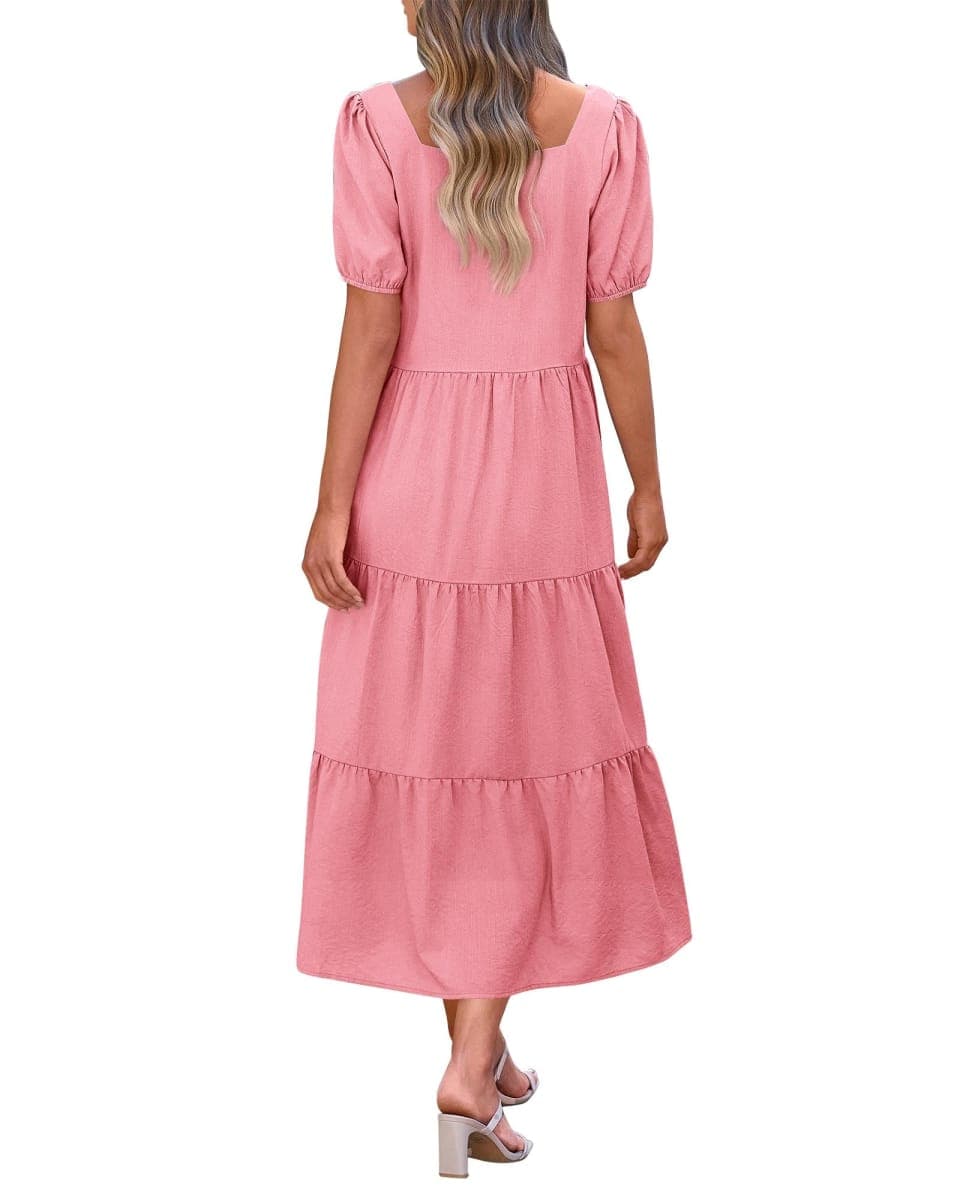 KIRUNDO Womens Summer Dresseses 2024 Boho Square Neck Puff Short Sleeve Flowy Long Beach Wedding Guest Dress Casual Loose Tiered Maxi Sundress(Pink, Small) thumbnail 2