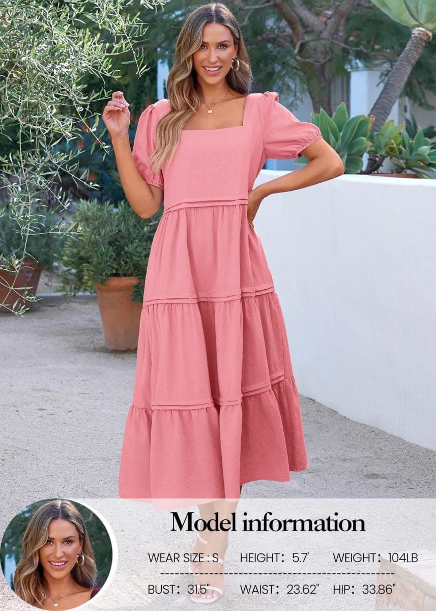 KIRUNDO Womens Summer Dresseses 2024 Boho Square Neck Puff Short Sleeve Flowy Long Beach Wedding Guest Dress Casual Loose Tiered Maxi Sundress(Pink, Small) thumbnail 4