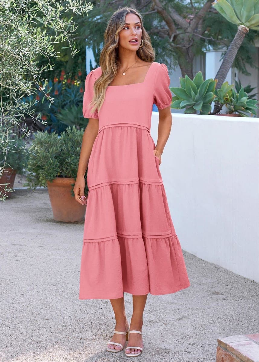 KIRUNDO Womens Summer Dresseses 2024 Boho Square Neck Puff Short Sleeve Flowy Long Beach Wedding Guest Dress Casual Loose Tiered Maxi Sundress(Pink, Small) thumbnail 5