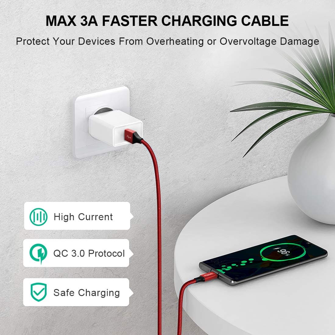 etguuds Red Long USB C Cable 10ft, 2-Pack USB A to USB Type C Charging Cable Fast Charge Braided Data Cord for Samsung Galaxy S24 S23 S22 S21 S20, for iPhone 17 16 15 Pro Max Plus/Air thumbnail 3