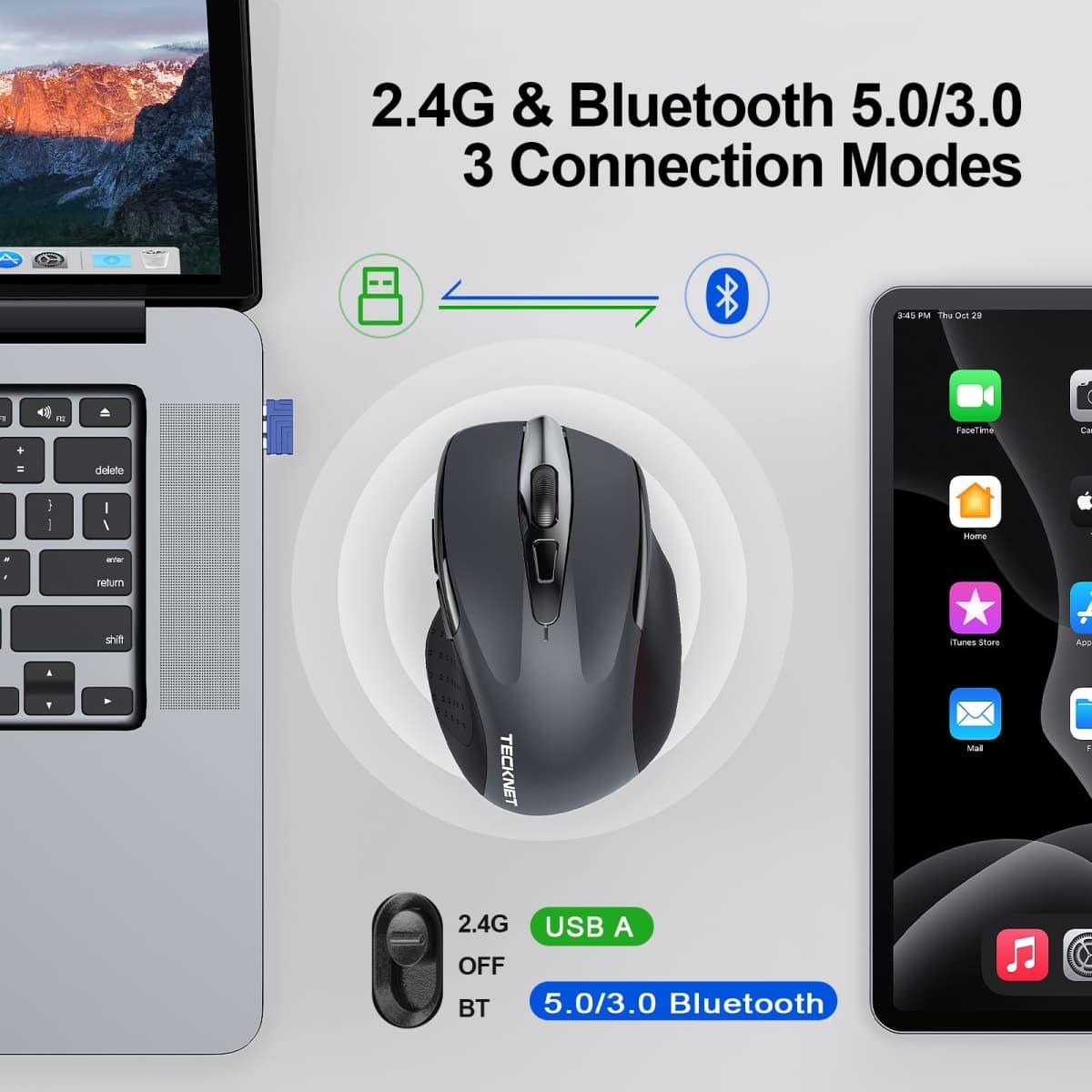 TECKNET Wireless Mouse (BT5.0/3.0 & 2.4G) Rechargeable 4800 DPI Silent 6 Button Bluetooth & USB A Mouse - Wide Compatibility thumbnail 2