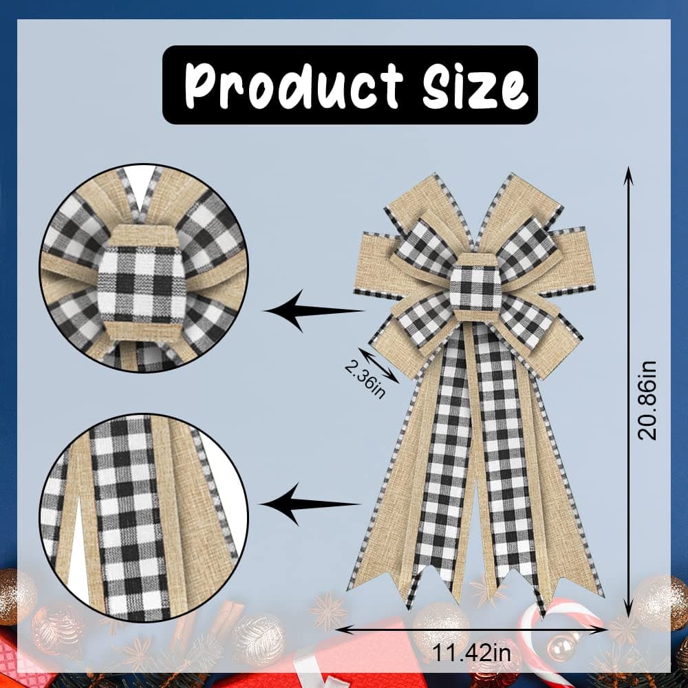 ALIBBON Large Christmas Bows for Wreaths, Christmas Wreath Bows, White Black Buffalo Plaid Bows, Flaxen Bows for Front Door, Christmas Decor, Burlap Bows for Wreath Indoor Outdoor Wall Decorations thumbnail 2