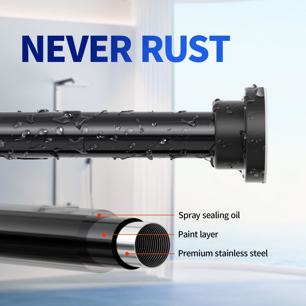 Mcrbeay Shower Curtain Rod, 1" Diameter Heavy Duty Tension Shower Rod, Non Slip Adjustable 28-46 inch No Drilling Shower Curtain Rods Spring Tension For Bathroom, Shower Stall, No Rust, Black thumbnail 2
