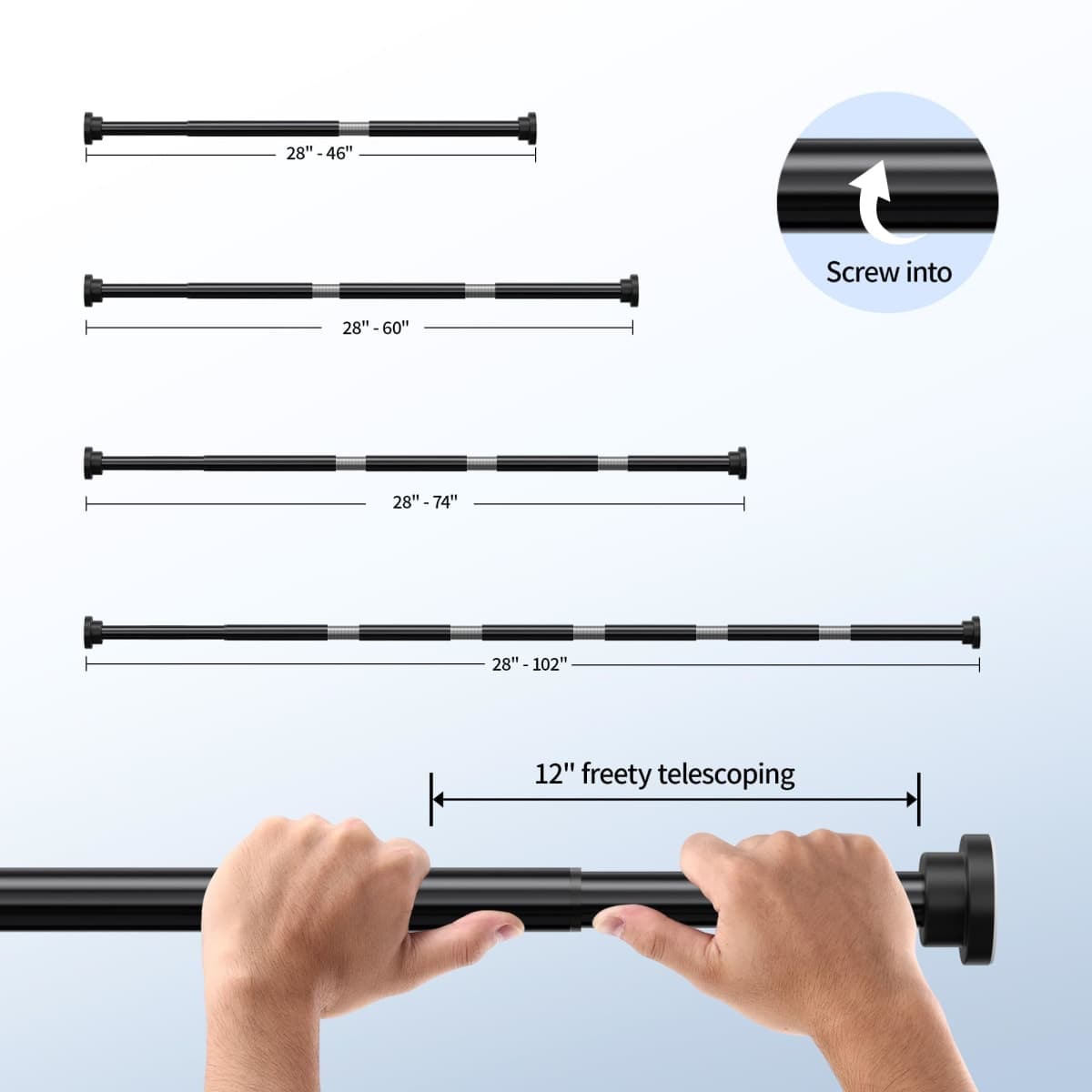 Mcrbeay Shower Curtain Rod, 1" Diameter Heavy Duty Tension Shower Rod, Non Slip Adjustable 28-46 inch No Drilling Shower Curtain Rods Spring Tension For Bathroom, Shower Stall, No Rust, Black thumbnail 5