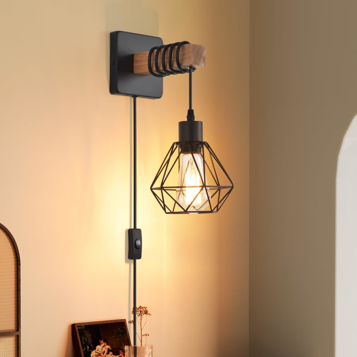 CAFULAM Rustic Wall Sconces Fixtures with Plug in Cord, Set of Two Indoor Vintage Rattan Wall Light Industrial Lamp Fixture Farmhouse Metal Sconces Light for Bedroom Bedside Living Room thumbnail 2
