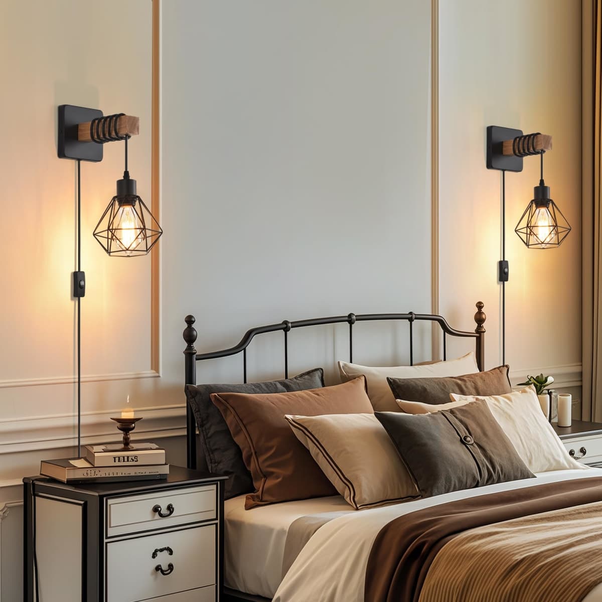 CAFULAM Rustic Wall Sconces Fixtures with Plug in Cord, Set of Two Indoor Vintage Rattan Wall Light Industrial Lamp Fixture Farmhouse Metal Sconces Light for Bedroom Bedside Living Room thumbnail 3