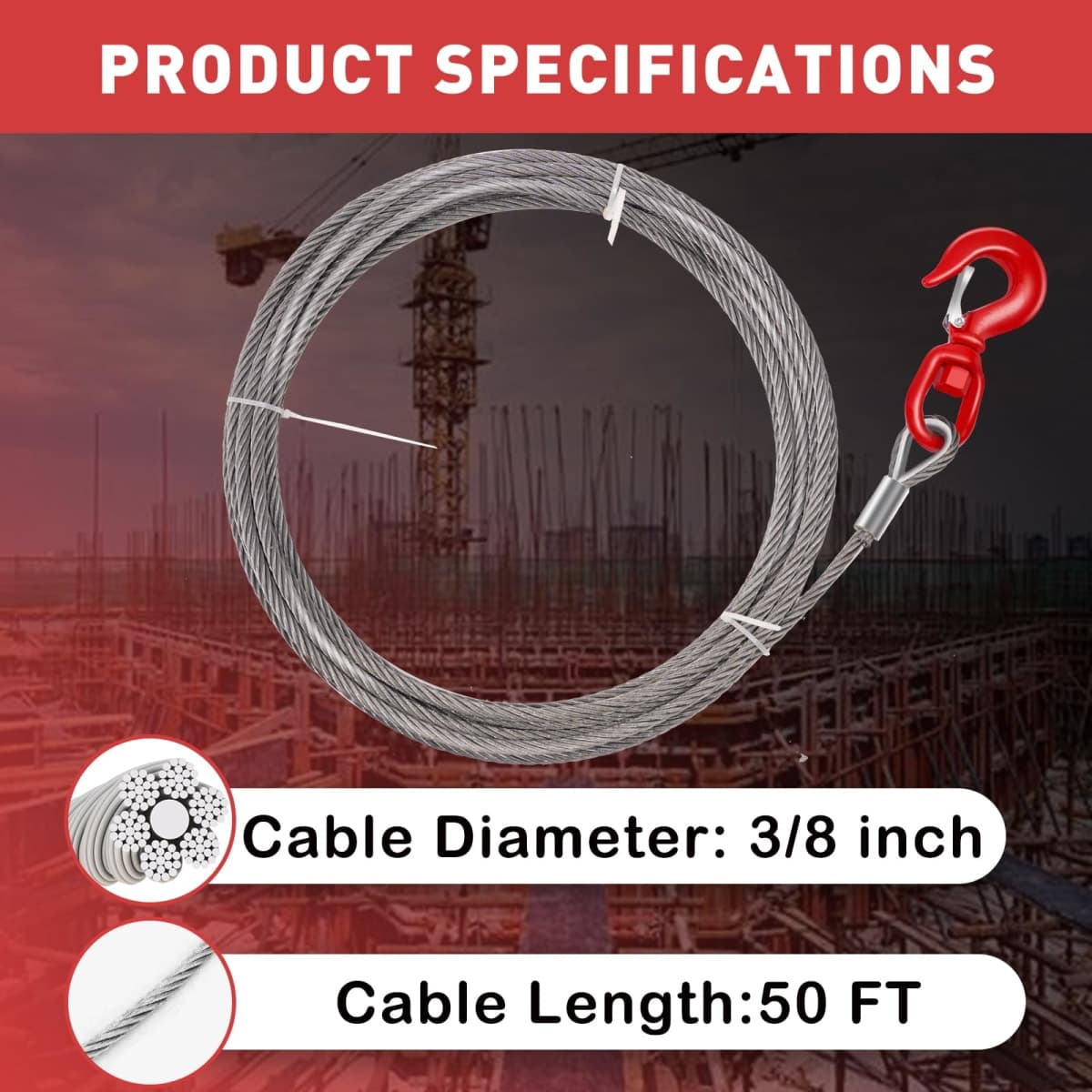 kuailebuy Steel Winch Cable,3/8" x 50' Wire Rope with Swivel Hook,17637 Lbs Breaking Strength,6x19 Strand Core Steel Towing Cable for Tow Truck,Crane,Wrecker thumbnail 2