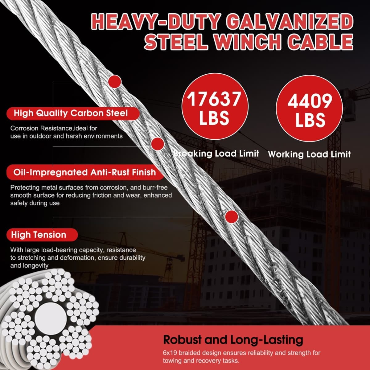 kuailebuy Steel Winch Cable,3/8" x 50' Wire Rope with Swivel Hook,17637 Lbs Breaking Strength,6x19 Strand Core Steel Towing Cable for Tow Truck,Crane,Wrecker thumbnail 3
