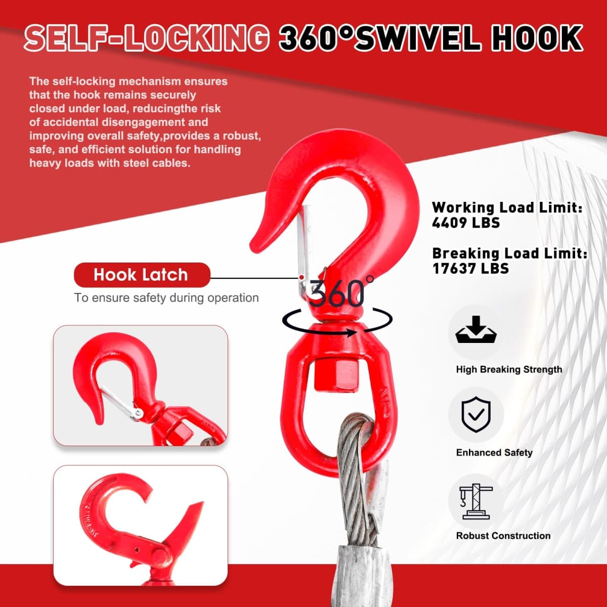 kuailebuy Steel Winch Cable,3/8" x 50' Wire Rope with Swivel Hook,17637 Lbs Breaking Strength,6x19 Strand Core Steel Towing Cable for Tow Truck,Crane,Wrecker thumbnail 4