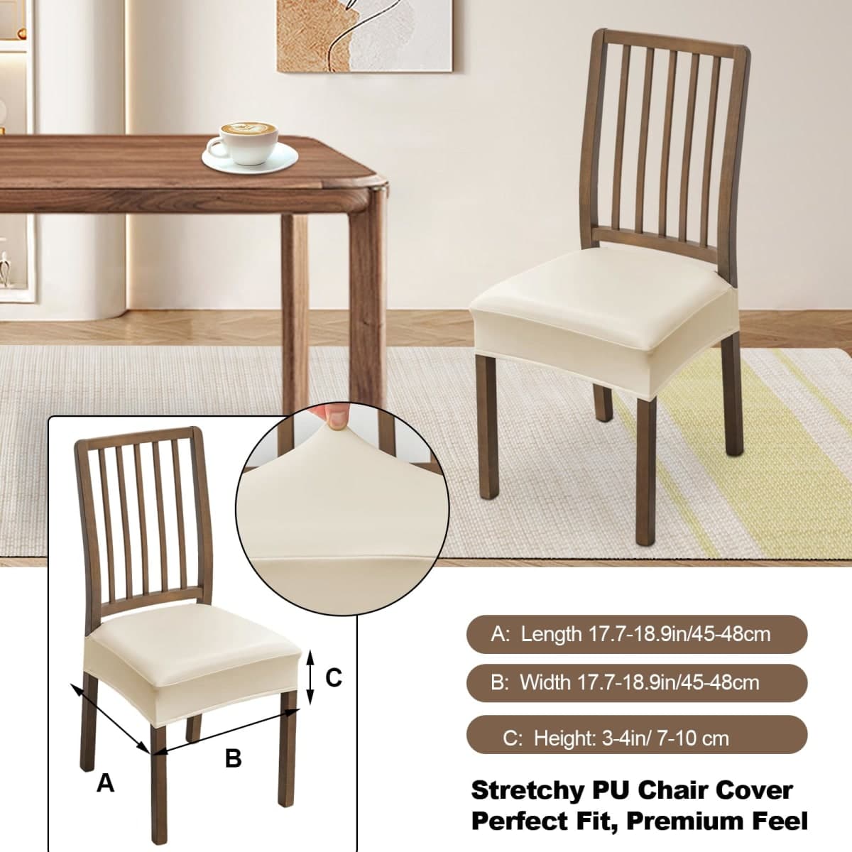 FUANGUI Dining Chair Covers Set of 6, Waterproof PU Leather Stretch Chair Seat Slipcovers Soft Removable Washable Chair Covers, Kitchen Chair Seat Covers Protectors Dining Room, Pu-White thumbnail 3