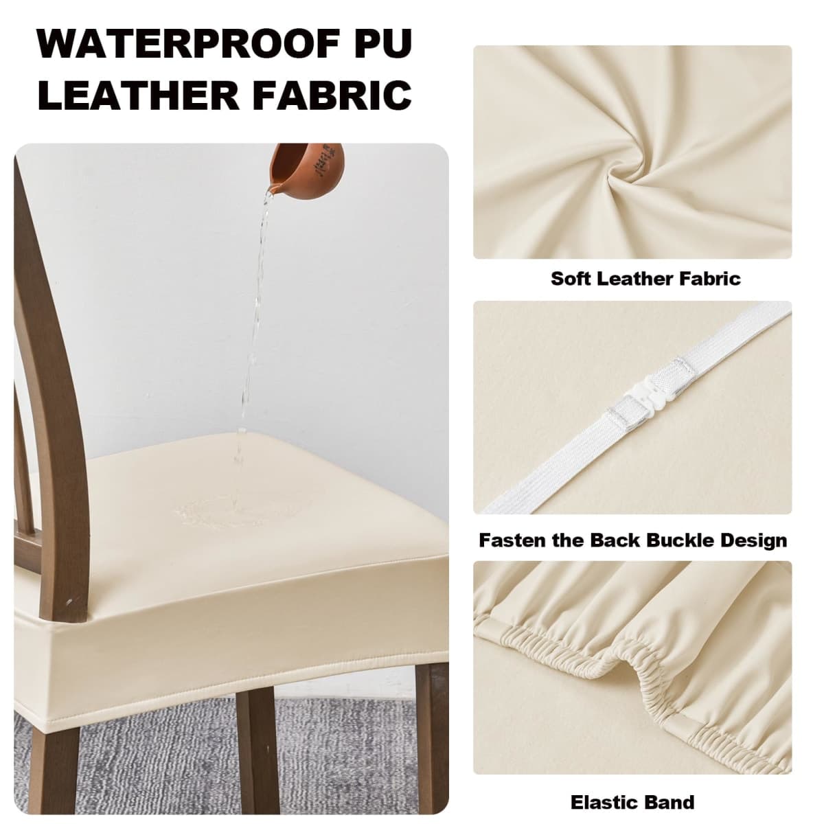 FUANGUI Dining Chair Covers Set of 6, Waterproof PU Leather Stretch Chair Seat Slipcovers Soft Removable Washable Chair Covers, Kitchen Chair Seat Covers Protectors Dining Room, Pu-White thumbnail 4