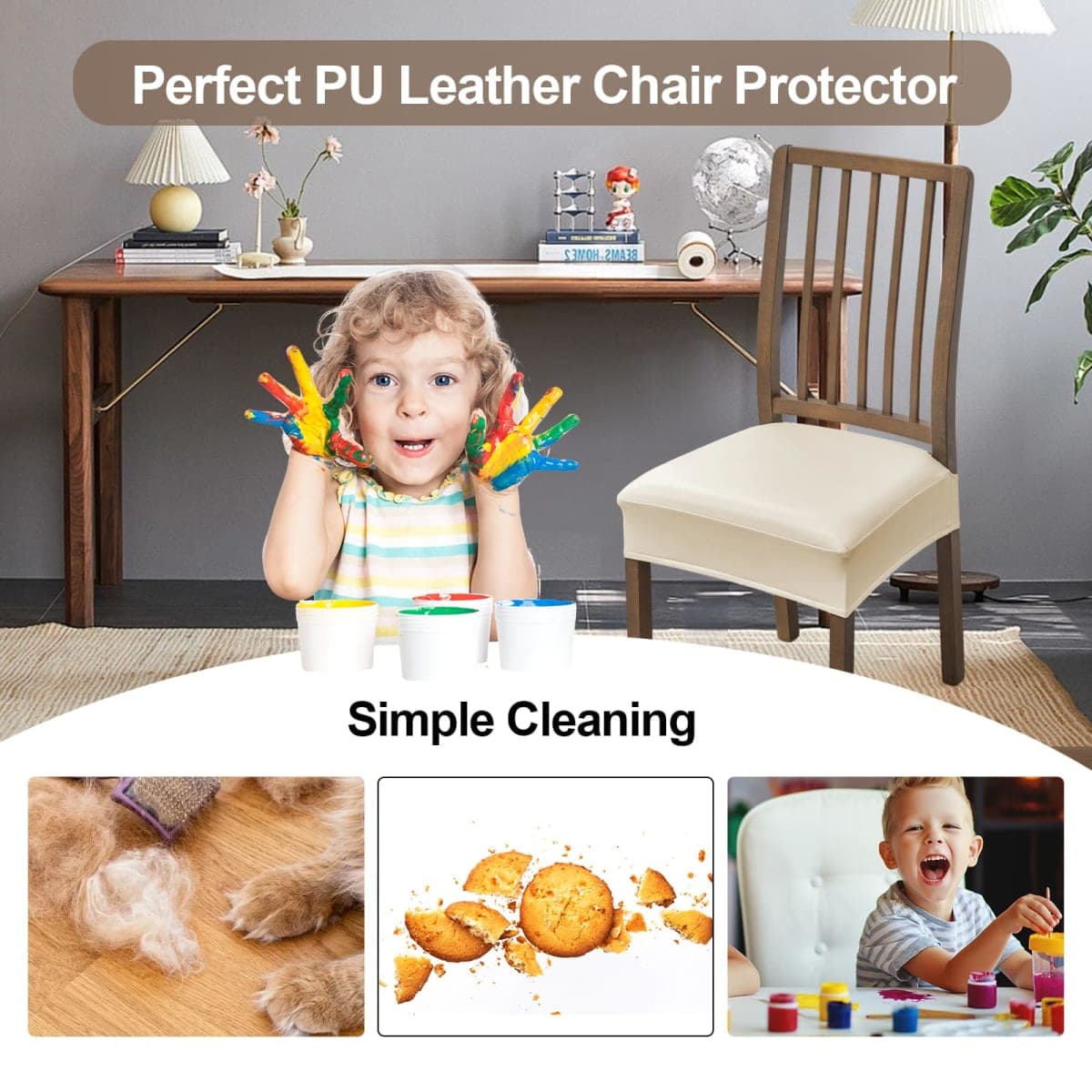 FUANGUI Dining Chair Covers Set of 6, Waterproof PU Leather Stretch Chair Seat Slipcovers Soft Removable Washable Chair Covers, Kitchen Chair Seat Covers Protectors Dining Room, Pu-White thumbnail 5