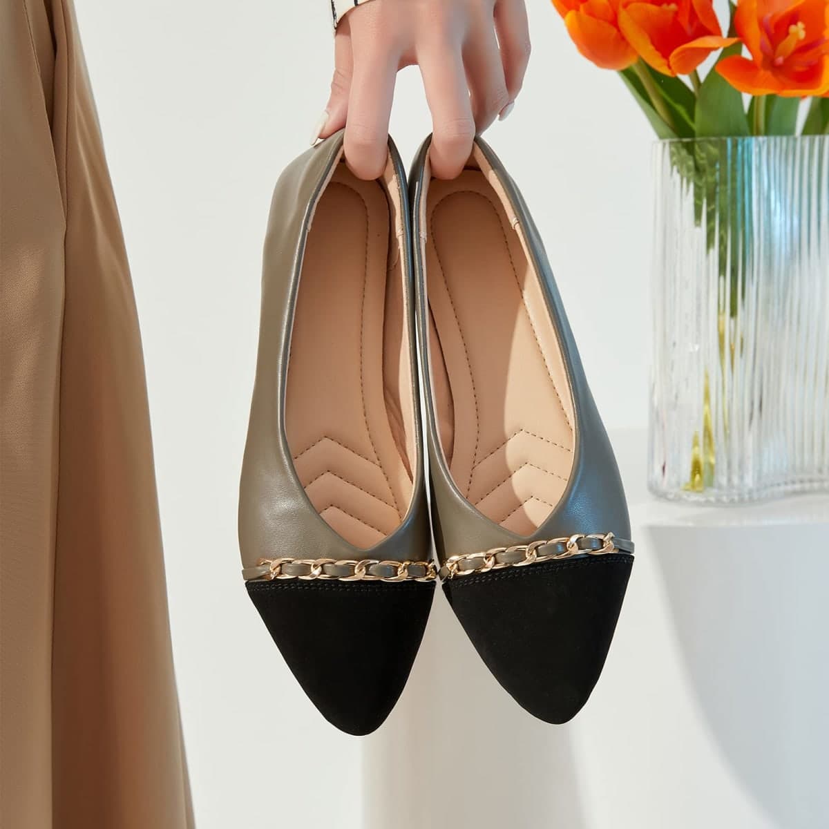 BABUDOG Women's PU Leather Flats Shoes Black Dress Flats Crimping Faux Suede Pointed-Toe Work Shoes, Grey, 11 thumbnail 3