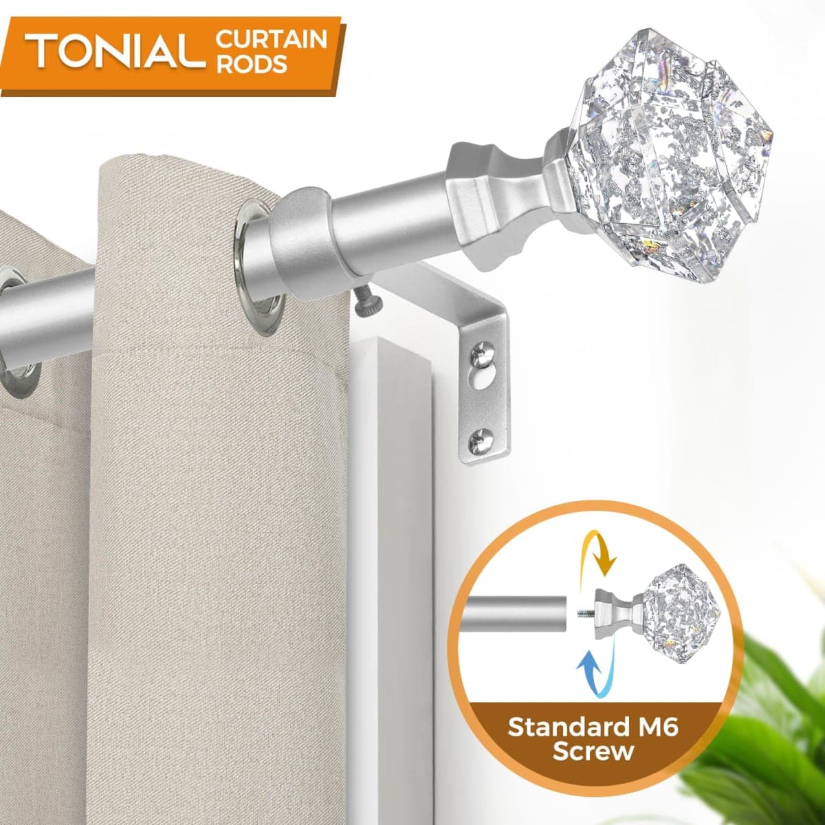 TONIAL 2 Pack Curtain Rods for Windows 48 to 84 Inch, Telescoping Splicing 3/4 Single Rods 32 to 86 Inch Decorative Drapery Rod with Translucent Diamond Finial, Silver thumbnail 3