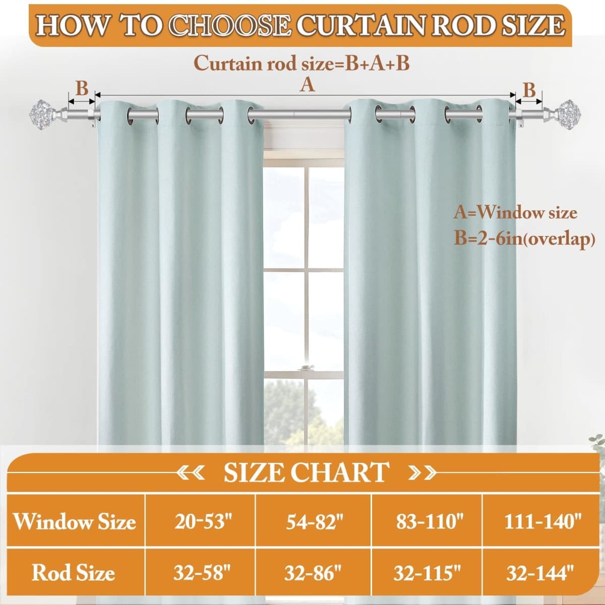TONIAL 2 Pack Curtain Rods for Windows 48 to 84 Inch, Telescoping Splicing 3/4 Single Rods 32 to 86 Inch Decorative Drapery Rod with Translucent Diamond Finial, Silver thumbnail 5