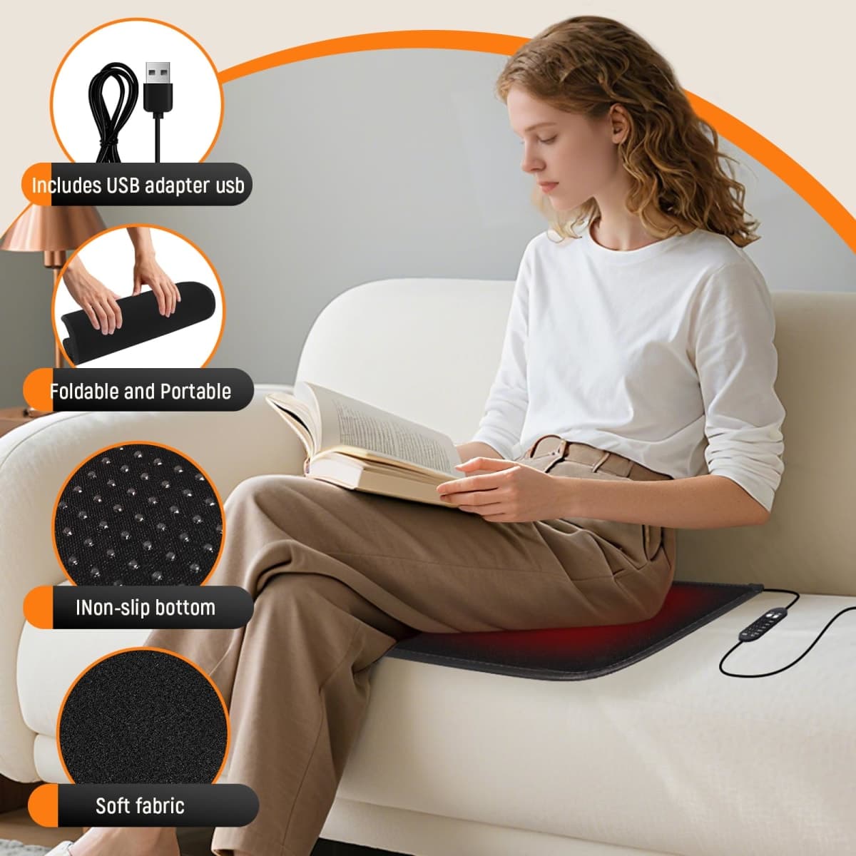USB Heated Seat Cushion - 5V Portable Stadium Chair Heating Pad with 5 Heat Setting & 4H Timer - Light&Foldable for Travel Warmth-Universal Outdoors Seat Warmer for Office,Home,Bleachers thumbnail 4