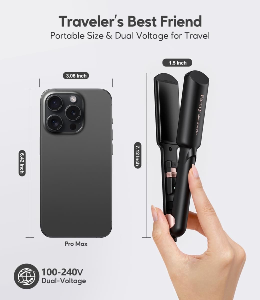 Farery Wide Mini Flat Iron, Mini Ceramic Straightener Iron, Small Flat Irons for Medium and Short Hair, 1.5 Inch Mini Flat Iron, Portable Travel Mini Hair Straightener with Dual Voltage thumbnail 2