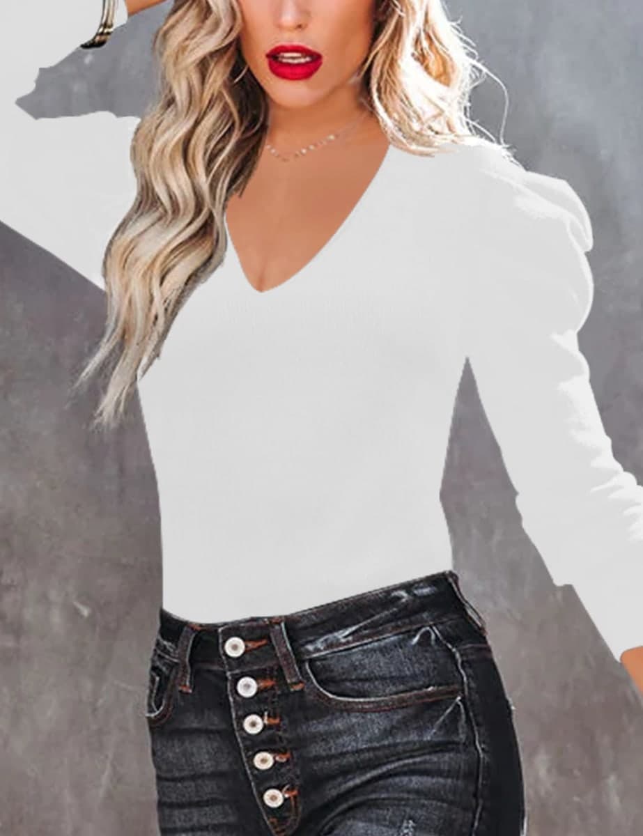 Amarmia Women's Long Puff Sleeve Knit Pullover Sweaters Casual V Neck Ribbed Solid Soft Slim Fit Sweater Blouse Tops, White thumbnail 3