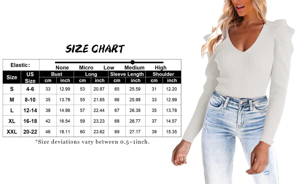 Amarmia Women's Long Puff Sleeve Knit Pullover Sweaters Casual V Neck Ribbed Solid Soft Slim Fit Sweater Blouse Tops, White thumbnail 5