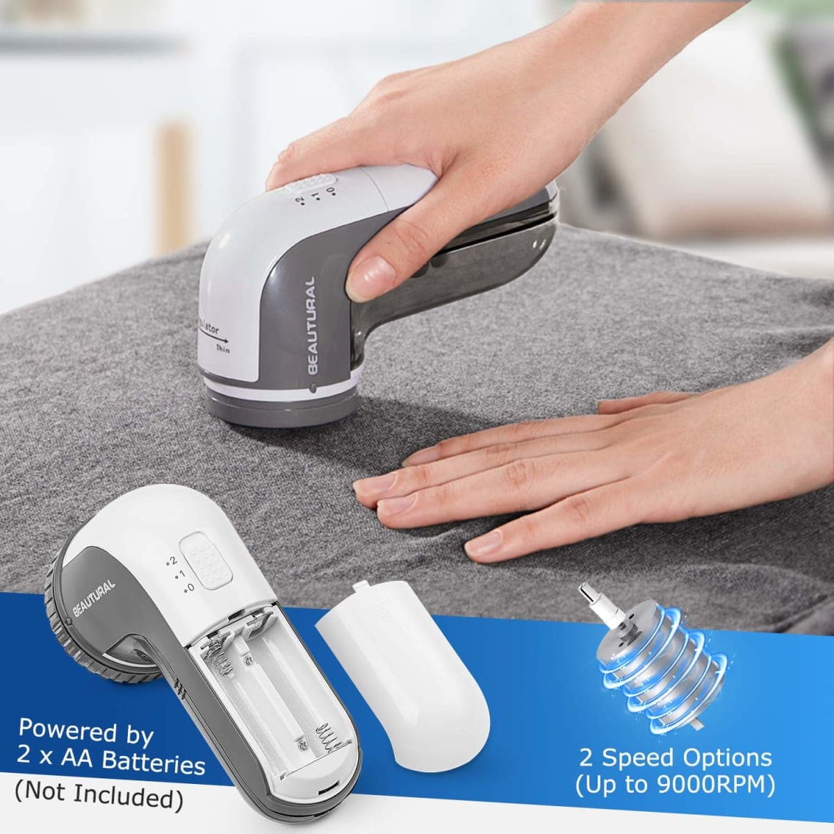 BEAUTURAL Fabric Shaver and Lint Remover, Sweater Defuzzer with 2-Speeds, 2 Replaceable Stainless Steel Blades, Battery Operated, Remove Clothes Fuzz, Lint Balls, Pills, Bobbles thumbnail 5