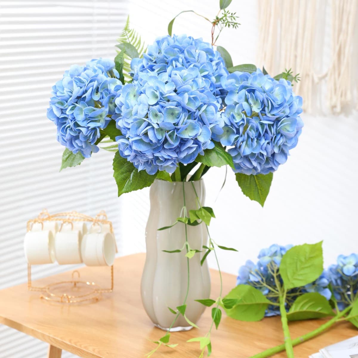 Nubry 4Pcs Blue Hydrangea Artificial Flowers, 22.5In Latex Faux Real Touch Large Hydrangea Flowers with Long Stems & Leaves for Home Office Decor Wedding Party Arrangements(Blue) thumbnail 4