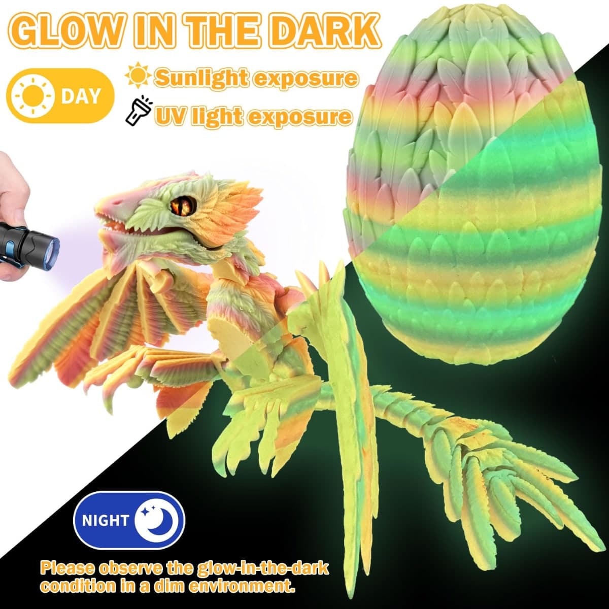 Extra Large Dynamic 3D Printed Glow in The Dark Dragon Egg with Dragon Inside，Open and Close Mouth with Wings Movable and Eyes, Feathered Wyvern Articulated Crystal Flying Fidget Bird Animals ( LR) thumbnail 2